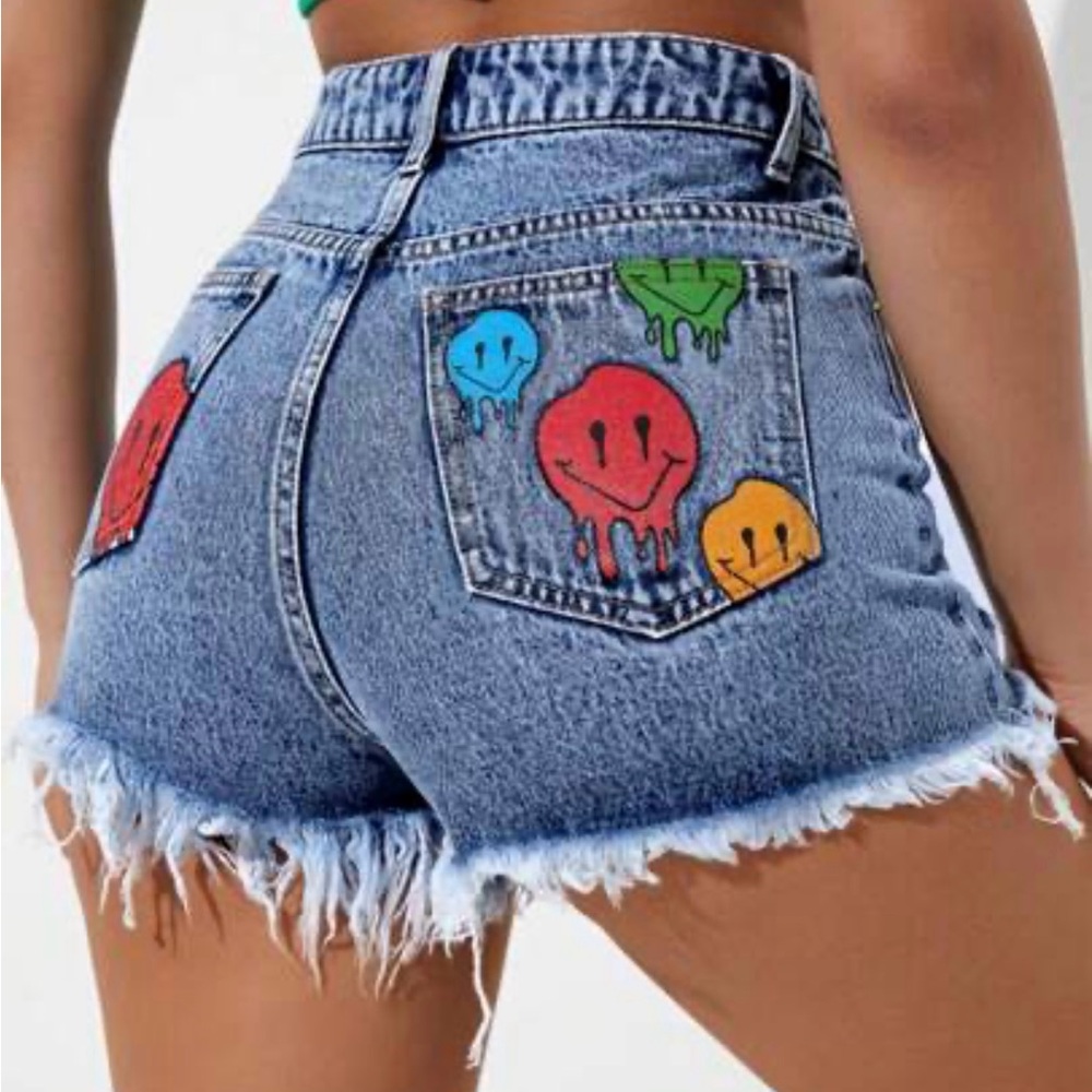SHEIN Distressed High waisted Jean Shorts. with drooping Smiley faces. Sz L